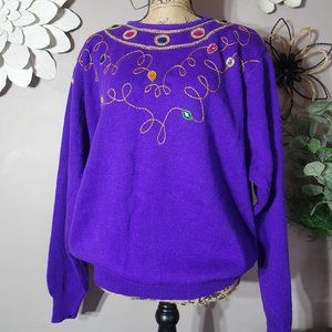 Vintage LADY DARIAN 80s Beaded Embellished Purple Knit Pullover Sweater
